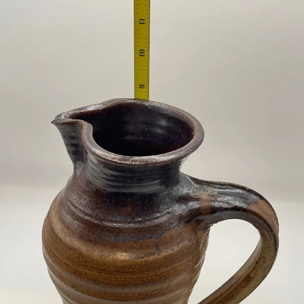 Studio Pottery Hand Thrown Brown Glazed Ribbed Pitcher Artist Signed 8.5